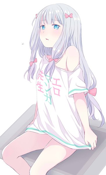 Anime picture 1000x1640 with eromanga sensei a-1 pictures izumi sagiri shichouson single long hair tall image looking at viewer blue eyes light erotic simple background white background sitting silver hair off shoulder low ponytail girl bow hair bow t-shirt