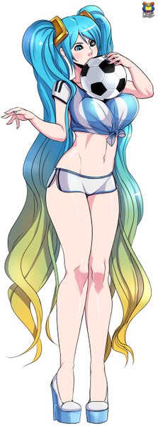 Anime picture 1071x2878 with league of legends sona buvelle kyoffie12 single tall image blush breasts blue eyes light erotic blonde hair large breasts blue hair very long hair multicolored hair green hair high heels legs gradient hair girl navel