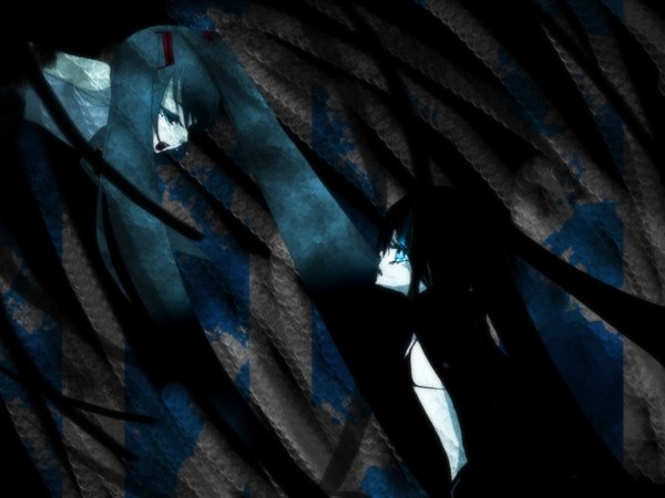 Anime picture 1600x1200 with black rock shooter vocaloid hatsune miku black rock shooter (character) memai fringe highres blue eyes black hair twintails multiple girls eyes closed green hair tears dark background pale skin front-tie top uneven twintails girl 2 girls