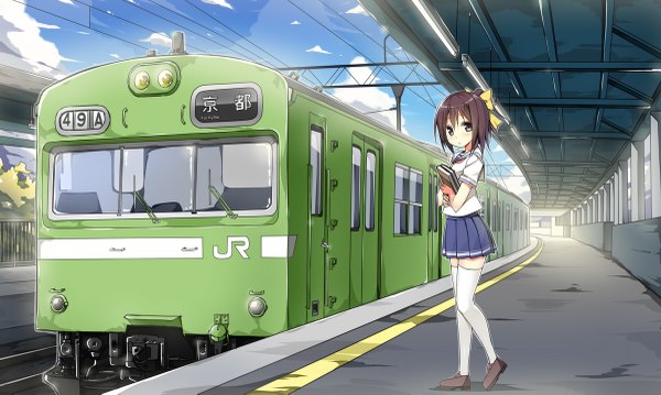 Anime picture 1200x719 with original sky-freedom looking at viewer short hair brown hair wide image brown eyes girl thighhighs skirt bow hair bow miniskirt white thighhighs serafuku book (books) train train station