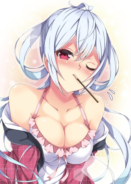 Anime picture 1100x1539 with phantasy star phantasy star online 2 sega matoi (pso2) milkpanda single long hair tall image looking at viewer blush breasts light erotic red eyes cleavage white hair one eye closed wink incoming pocky kiss girl dress