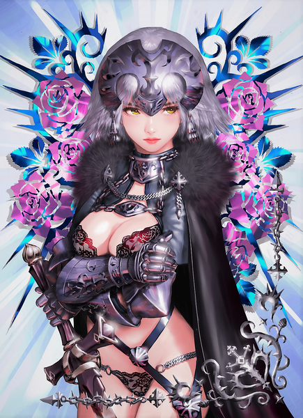 Anime picture 1084x1493 with fate (series) fate/grand order jeanne d'arc (fate) (all) jeanne d'arc alter (fate) maeko (pixiv17012595) single tall image short hair breasts light erotic large breasts holding yellow eyes looking away silver hair lipstick crossed arms pink lipstick lace-trimmed bra lace-trimmed panties