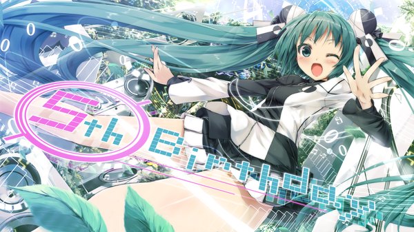 Anime picture 1920x1080 with vocaloid hatsune miku daidou (demitasse) single blush highres open mouth wide image twintails green eyes very long hair one eye closed green hair wink girl dress