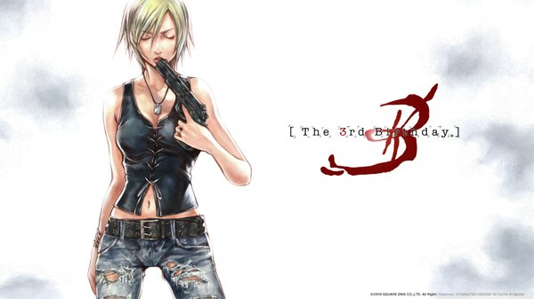 Anime picture 1920x1080 with the 3rd birthday (game) aya brea single highres short hair blonde hair wide image eyes closed inscription girl navel weapon belt gun jeans torn jeans