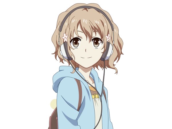 Anime picture 1600x1200 with hanasaku iroha p.a. works matsumae ohana single looking at viewer short hair blonde hair simple background smile white background brown eyes girl headphones wire (wires)
