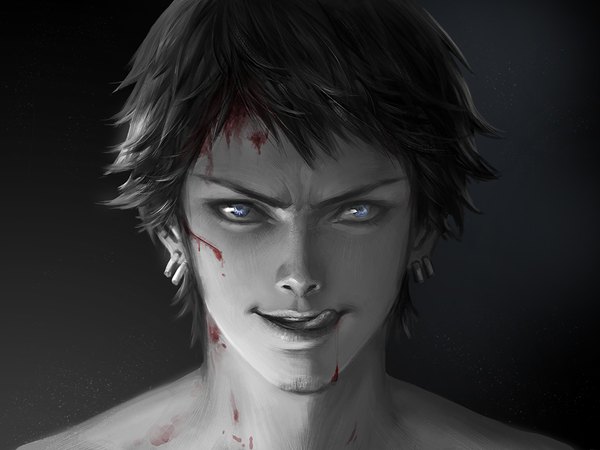 Anime picture 1000x750 with one piece toei animation trafalgar law shitsu soku k single looking at viewer short hair blue eyes simple background lips realistic piercing black background monochrome portrait ear piercing licking blood on face injury spot color