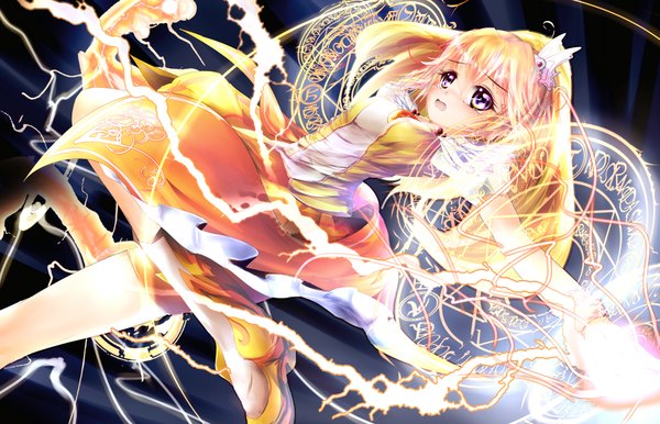 Anime picture 4469x2880 with precure smile precure! toei animation kise yayoi cure peace garyljq single long hair highres open mouth blonde hair purple eyes absurdres magic lightning girl dress magic circle