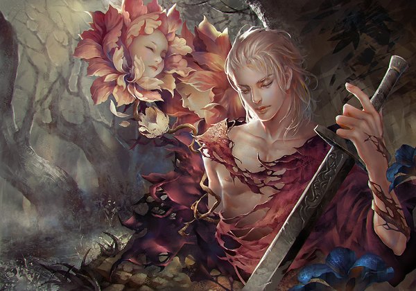 Anime picture 1142x800 with original rororei single short hair blonde hair eyes closed face bare tree shirtless boy flower (flowers) weapon plant (plants) sword tree (trees)