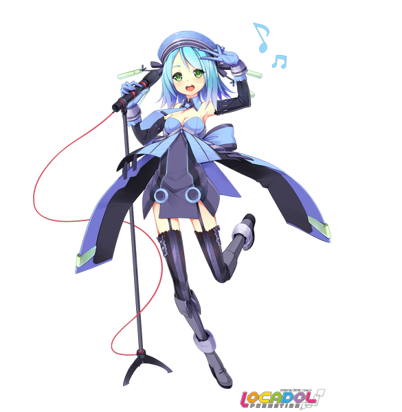 Anime picture 1463x1500 with original blvefo9 single tall image looking at viewer blush short hair open mouth green eyes blue hair transparent background girl thighhighs dress gloves necktie elbow gloves boots beret microphone stand