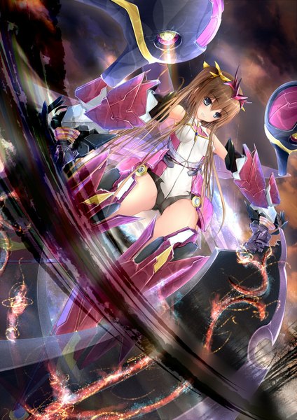 Anime picture 1060x1500 with infinite stratos 8bit fang linyin garyljq long hair tall image light erotic smile brown hair girl hair ornament weapon armor mecha