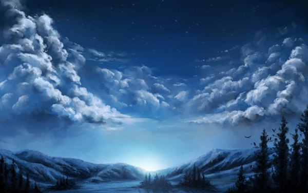 Anime picture 1280x804 with original houkou i naka sky cloud (clouds) night night sky mountain plant (plants) tree (trees)