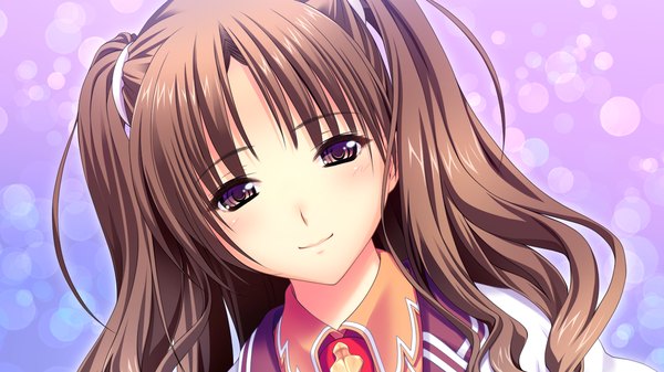 Anime picture 1280x720 with koi mekuri clover amasaka takashi long hair smile brown hair wide image brown eyes game cg face girl uniform school uniform