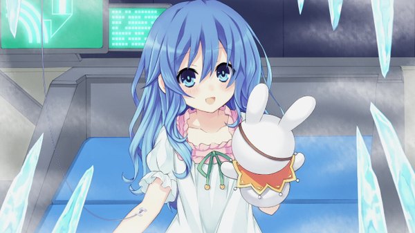 Anime picture 1280x720 with date a live yoshino (date a live) yoshinon single long hair looking at viewer blush wide image blue hair game cg loli girl dress toy stuffed animal ice hand puppet