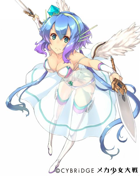 Anime picture 960x1200 with mecha shoujo taisen z vocaloid aoki lapis keypot single tall image looking at viewer breasts blue eyes light erotic simple background white background twintails bare shoulders holding blue hair cleavage purple hair very long hair multicolored hair