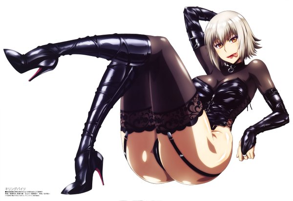 Anime picture 5920x4073 with killing bites megami magazine uzaki hitomi watanabe kazuo single looking at viewer highres short hair breasts light erotic simple background white background brown eyes absurdres silver hair full body ass official art high heels legs