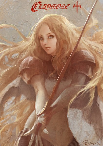Anime picture 595x842 with claymore madhouse teresa yin wo eren single long hair tall image blonde hair simple background holding signed parted lips light smile lips copyright name silver eyes girl navel weapon sword