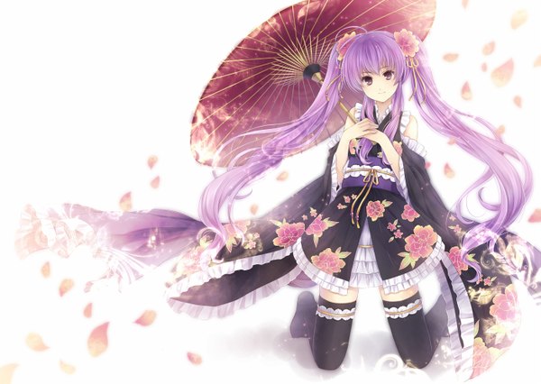 Anime picture 1406x1000 with original hagiwara rin long hair twintails brown eyes purple hair very long hair hair flower kneeling girl thighhighs hair ornament black thighhighs petals umbrella