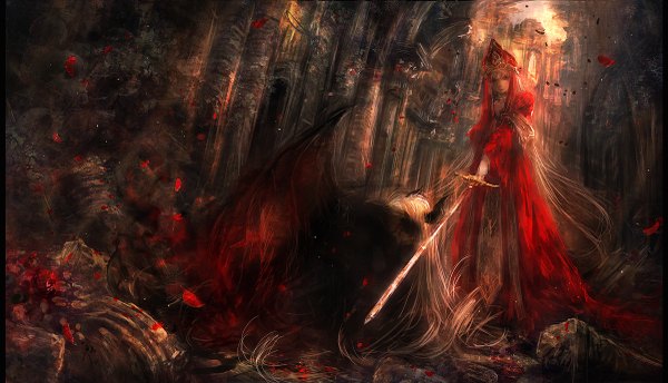 Anime picture 1200x689 with original 317/miiina (pixiv) long hair blonde hair red eyes wide image city demon girl boy flower (flowers) petals sword wings headdress