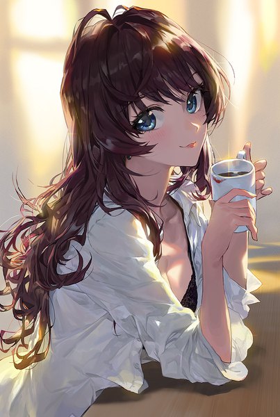 Anime picture 1000x1489 with idolmaster idolmaster cinderella girls ichinose shiki modare single long hair tall image looking at viewer blush fringe breasts blue eyes light erotic smile hair between eyes brown hair holding cleavage ahoge indoors