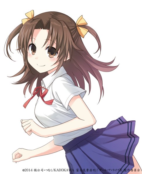 Anime picture 650x800 with date a live mikie okamine konoe (vis9191) single long hair tall image looking at viewer blush simple background smile brown hair white background brown eyes two side up 2014 girl uniform ribbon (ribbons) hair ribbon school uniform