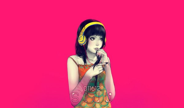 Anime picture 1600x944 with original s1gh single long hair blush black hair simple background wide image pink hair nail polish inscription girl headphones sundress wire (wires)