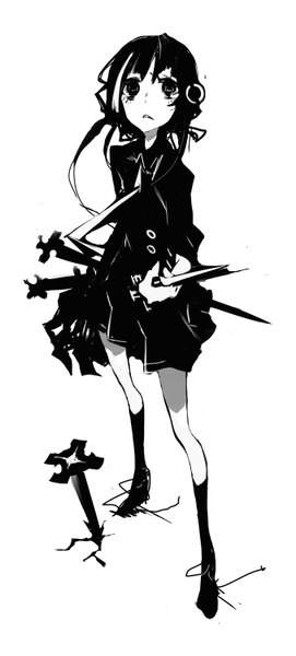 Anime picture 678x1500 with original kiku (kicdoc) single tall image black hair simple background white background holding black eyes monochrome looking up girl skirt uniform hair ornament weapon school uniform miniskirt shirt socks