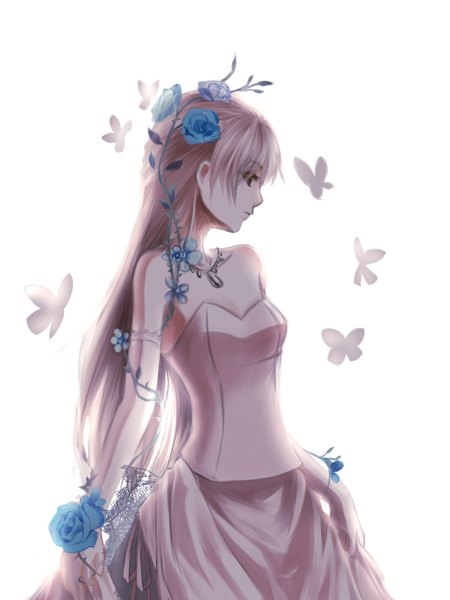 Anime picture 1200x1600 with original red flowers single long hair tall image simple background white background looking away silver hair profile hair flower black eyes girl flower (flowers) insect butterfly
