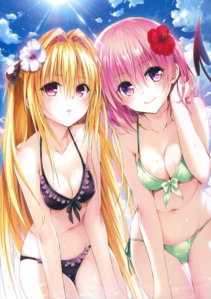 Anime picture 2688x3800 with toloveru toloveru darkness xebec konjiki no yami momo velia deviluke yabuki kentarou long hair tall image looking at viewer blush highres short hair breasts open mouth light erotic blonde hair smile red eyes purple eyes multiple girls