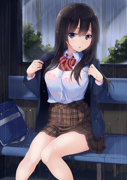 Anime picture 706x1000 with original unasaka ryou single long hair tall image looking at viewer blush open mouth blue eyes light erotic black hair sitting rain wet clothes knees together feet apart girl skirt uniform school uniform shirt