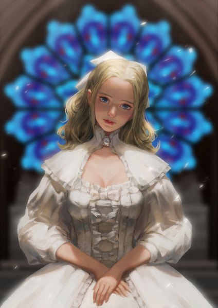 Anime picture 1000x1415 with original auau single long hair tall image looking at viewer blue eyes blonde hair standing head tilt lips crossed arms gothic girl dress bow hair bow white dress stained glass
