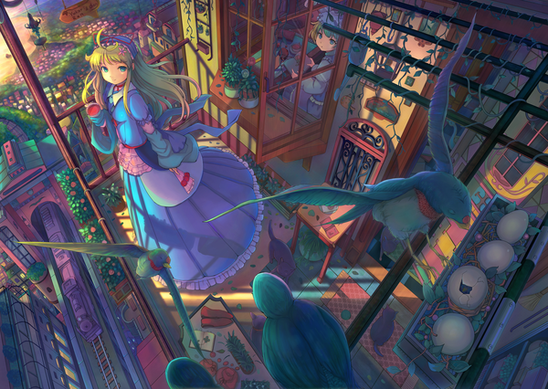 Anime picture 2185x1553 with touhou yakumo yukari yakumo ran santouhei long hair highres blonde hair multiple girls green eyes ahoge looking back alternate costume reading detailed girl dress flower (flowers) 2 girls plant (plants) animal