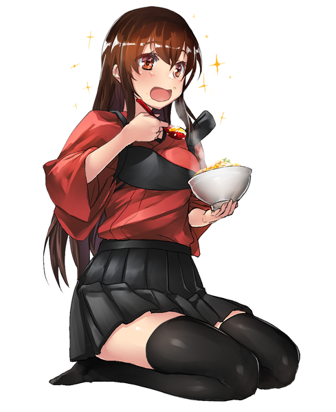 Anime picture 976x1197 with kantai collection akagi aircraft carrier tadano magu single long hair tall image blush fringe open mouth simple background hair between eyes brown hair white background sitting holding brown eyes looking away full body bent knee (knees) traditional clothes
