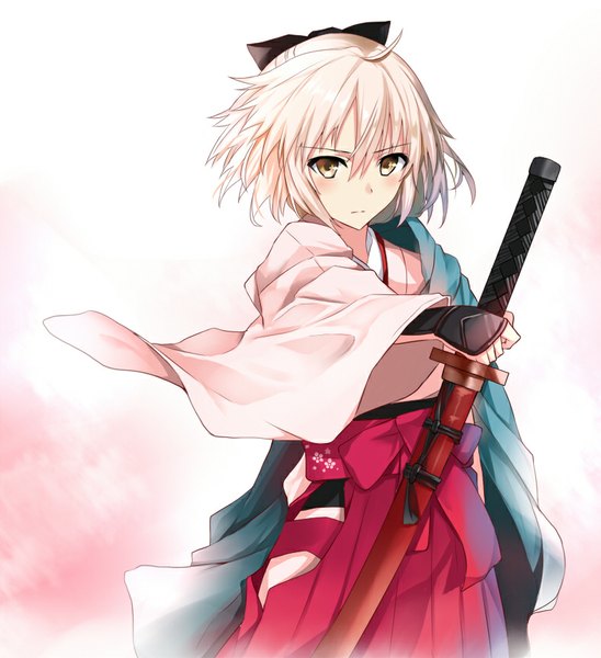 Anime picture 789x863 with fate (series) type-moon okita souji (fate) (all) okita souji (koha-ace) tsuedzu single tall image looking at viewer blush fringe short hair blonde hair standing holding brown eyes ahoge traditional clothes japanese clothes wind wide sleeves