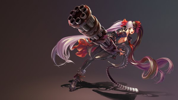 Anime picture 1920x1080 with blade & soul po hwa ran (blade & soul) ushas single highres simple background wide image twintails yellow eyes very long hair multicolored hair two-tone hair dark background girl bow weapon hair bow boots gun eyepatch