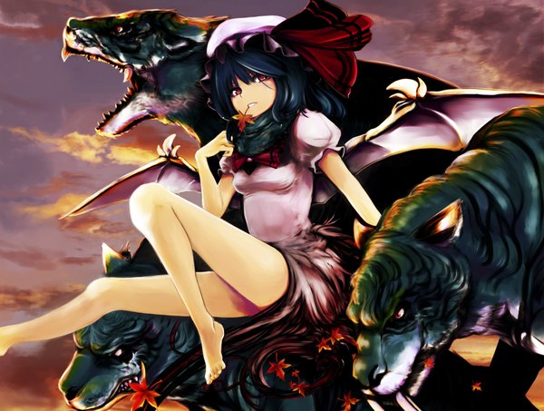 Anime picture 2000x1510 with touhou remilia scarlet virus (obsession) single highres short hair red eyes blue hair sky cloud (clouds) bat wings girl bow hat animal wings leaf (leaves) tiger
