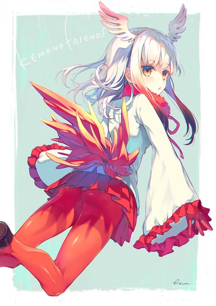 Anime picture 707x1000 with kemono friends crested ibis (kemono friends) reia single long hair tall image blush fringe light erotic simple background signed yellow eyes looking away bent knee (knees) white hair parted lips pleated skirt multicolored hair from behind wide sleeves