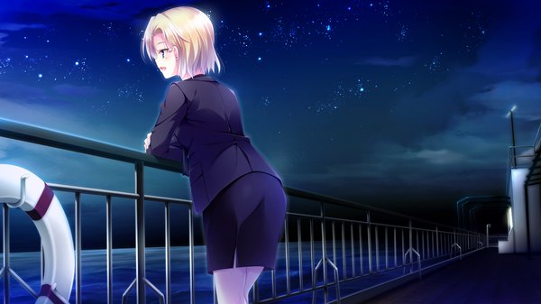 Anime picture 1920x1080 with golden marriage ensemble (studio) elvira riefenstahl single highres short hair open mouth blue eyes blonde hair wide image looking away game cg cloud (clouds) night girl