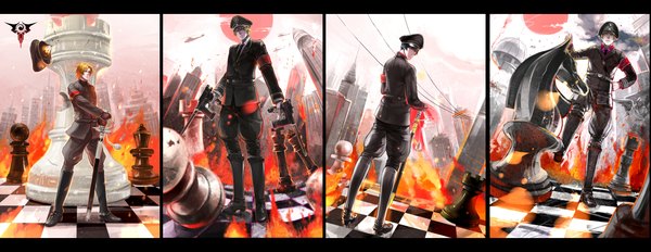 Anime picture 2321x900 with original ilmkilt (junefeier) highres short hair black hair blonde hair wide image green eyes red hair looking back aqua eyes hand on hip letterboxed multiview checkered background destruction military column lineup boy uniform