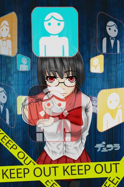 Anime picture 1000x1500 with durarara!! brains base (studio) sonohara anri air monger single tall image fringe short hair breasts black hair red eyes large breasts pleated skirt light smile lips inscription leaning leaning forward copyright name outstretched arm