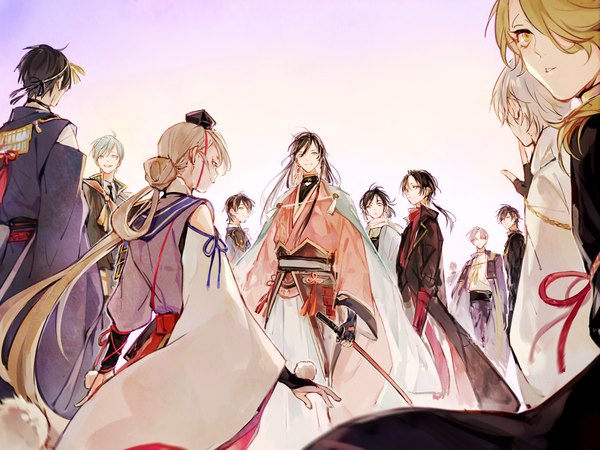 Anime picture 1331x1000 with touken ranbu nitroplus tsurumaru kuninaga mikazuki munechika kashuu kiyomitsu yamato no kami yasusada ichigo hitofuri shokudaikiri mitsutada izuminokami kanesada horikawa kunihiro ima-no-tsurugi heshikiri hasebe shishiou wonkrin long hair looking at viewer fringe short hair blue eyes black hair