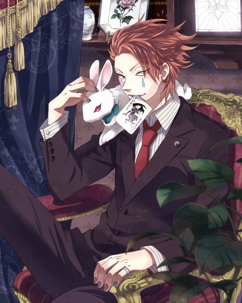 Anime picture 1200x1500 with hunter x hunter hisoka (hunter x hunter) zoff (daria) tall image short hair red hair nail polish mouth hold face paint animal on shoulder joker boy plant (plants) animal necktie curtains ring suit bunny armchair
