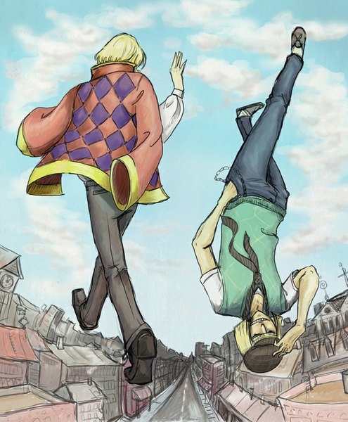 Anime picture 750x908 with bleach howl's moving castle studio pierrot studio ghibli howl hirako shinji janey-jane (artist) tall image fringe short hair blonde hair smile sky cloud (clouds) from behind open jacket multiple boys short sleeves city hand in pocket