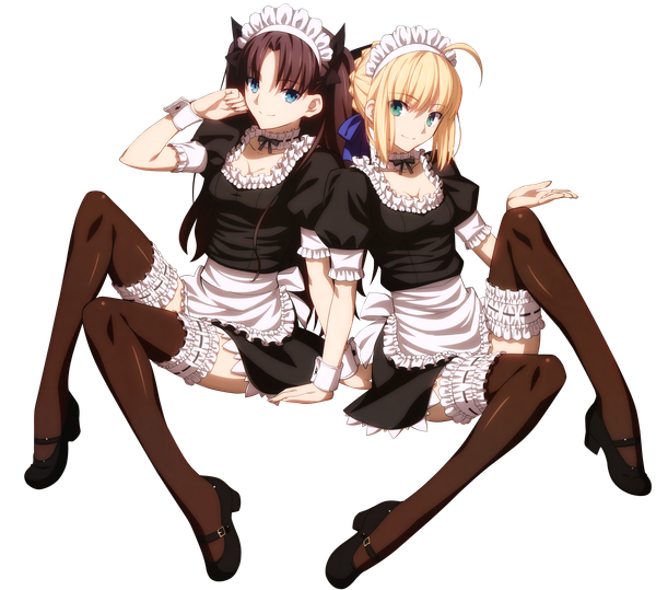 Anime picture 5000x4497 with fate (series) fate/stay night type-moon artoria pendragon (all) saber toosaka rin takeuchi takashi long hair looking at viewer highres blonde hair brown hair multiple girls green eyes absurdres full body ahoge official art maid transparent background