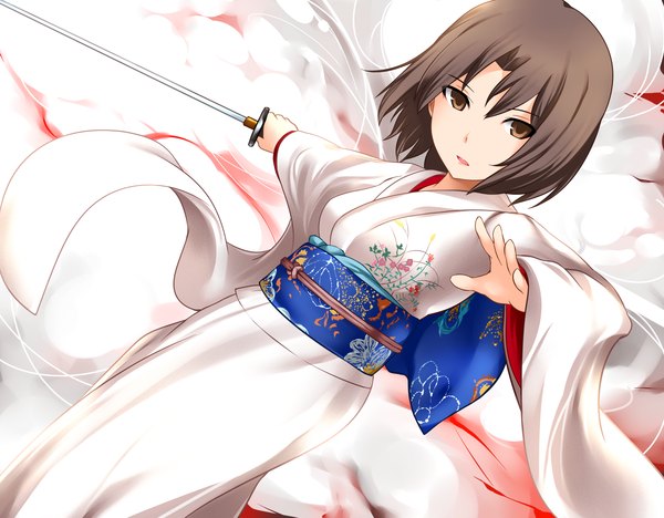 Anime picture 1920x1500 with kara no kyoukai type-moon ryougi shiki yoshimo single looking at viewer highres short hair open mouth black hair brown eyes traditional clothes japanese clothes girl weapon sword kimono katana obi