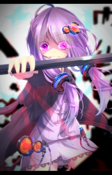 Anime picture 1872x2920 with vocaloid yuzuki yukari kagayan1096 single long hair tall image looking at viewer highres smile twintails purple eyes purple hair low twintails letterboxed girl dress hair ornament