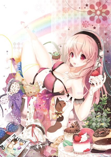 Anime picture 853x1200 with nitroplus super sonico rednian single long hair tall image breasts open mouth light erotic large breasts pink hair pink eyes underwear only girl underwear panties animal lingerie bra sweets