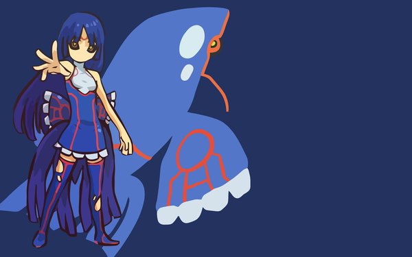 Anime picture 1680x1050 with pokemon moemon nintendo kyogre long hair looking at viewer wide image blue hair blue background dual persona personification gen 3 pokemon girl thighhighs pokemon (creature)