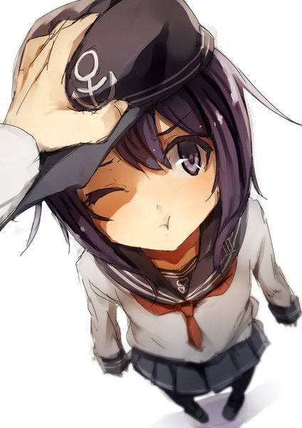 Anime picture 990x1400 with kantai collection akatsuki destroyer kyouya (mukuro238) long hair tall image blush simple background white background purple eyes purple hair one eye closed from above wink hand on head pov :t puffy cheeks girl boy skirt