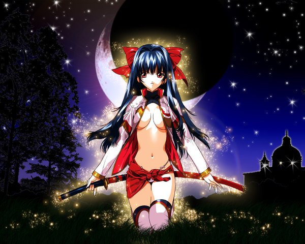 Anime picture 1280x1024 with single long hair looking at viewer light erotic red eyes blue hair night girl ribbon (ribbons) weapon plant (plants) hair ribbon sword tree (trees) katana star (stars)