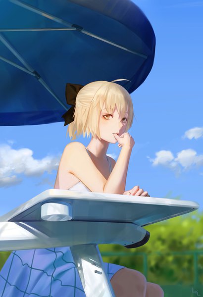 Anime picture 2400x3507 with fate (series) fate/grand order okita souji (fate) (all) okita souji (koha-ace) leiq single tall image looking at viewer highres short hair blonde hair sitting bare shoulders brown eyes sky cloud (clouds) ahoge alternate costume half updo hand to mouth